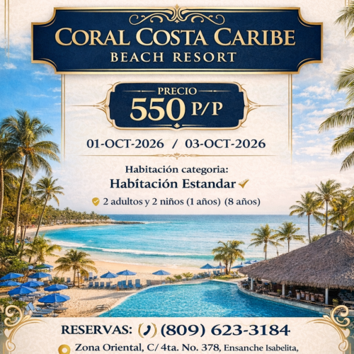 Coral Costa Caribe Beach Resort | 01 al 03 de Octubre 2026 | Habitación Estándar | Todo Incluido